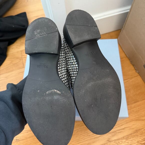 Prada Loafers Black Satin Crystal Embellished Metal Triangle Logo Sz 37 - Picture 13 of 14